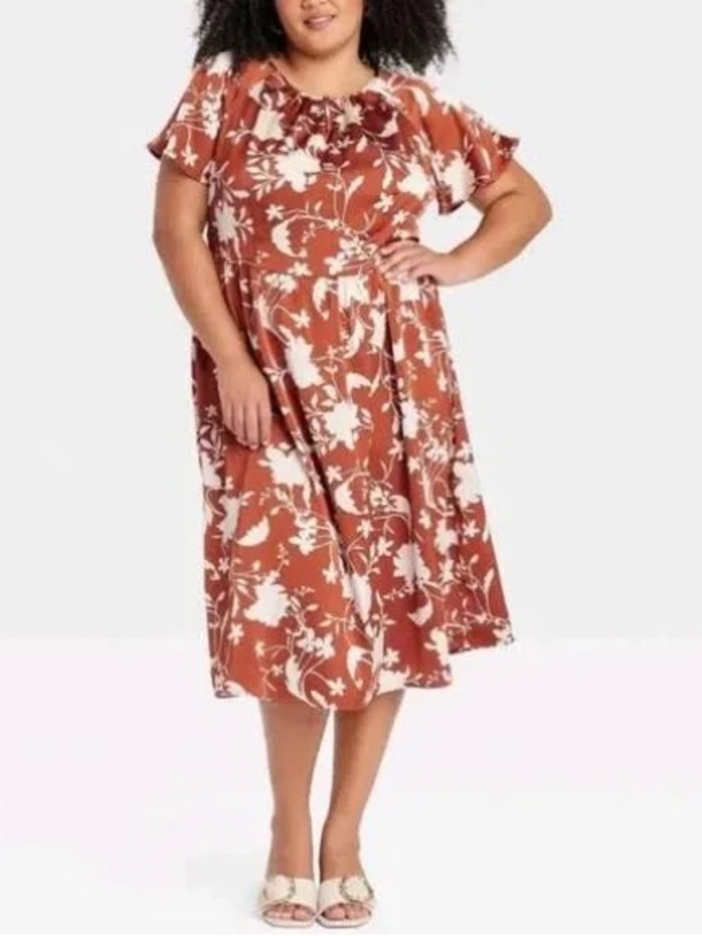 XXL Ava and Viv Floral Ruffle Midi Dress in Rust and Cream satin